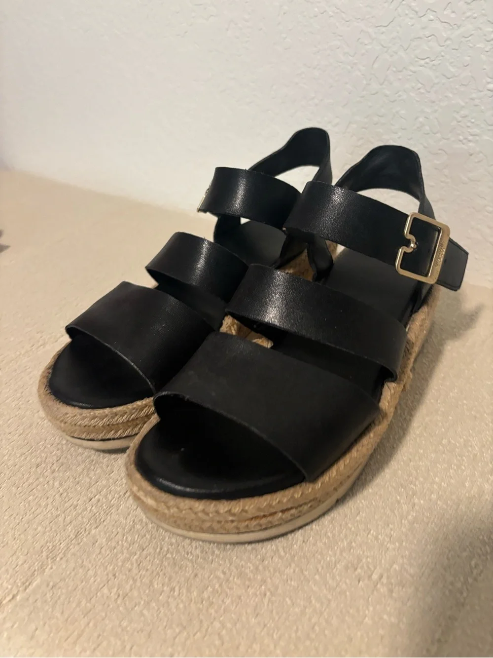 Dr. Scholl's Black Leather Espadrille Platform Sandals